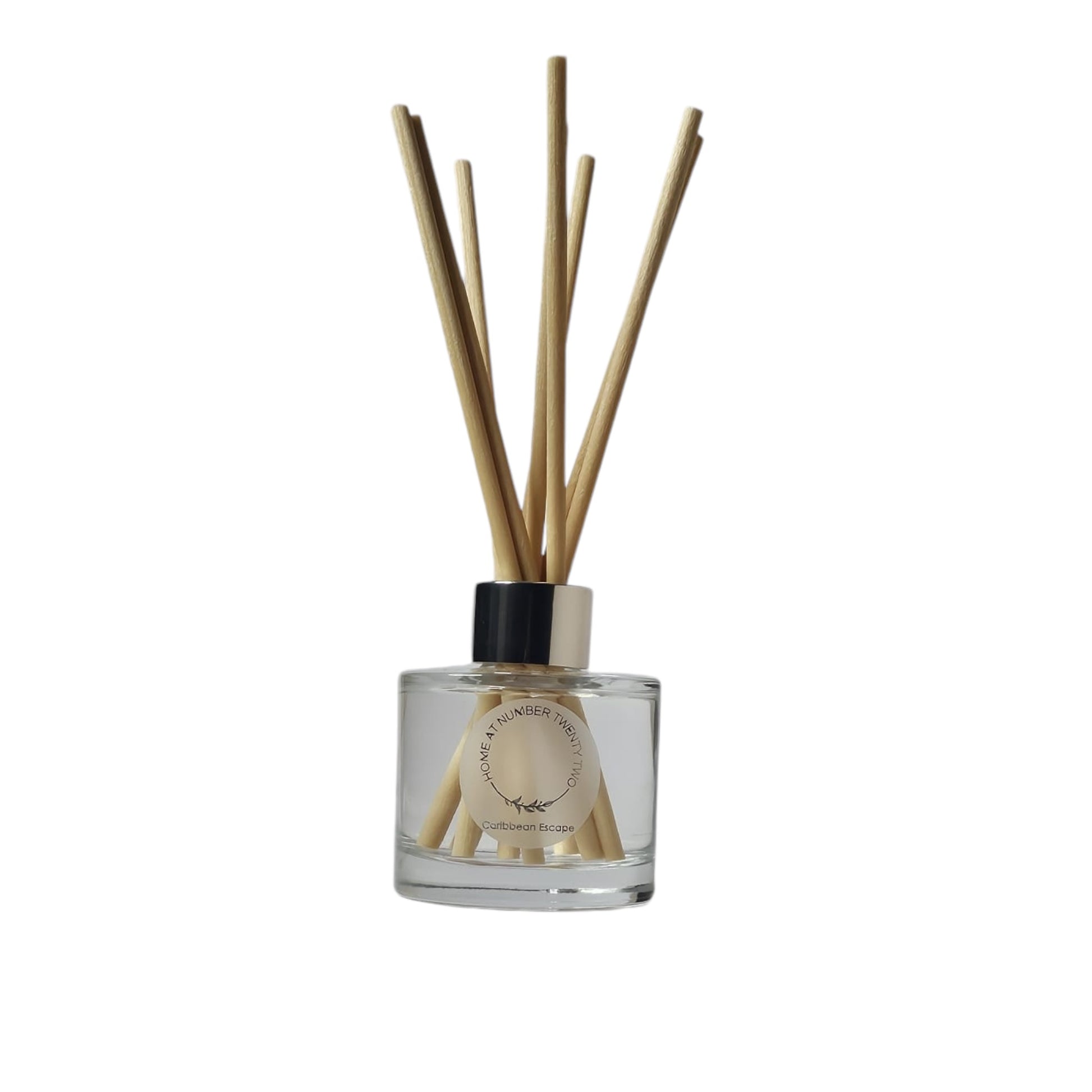 Caribbean Escape Reed Diffuser by Home at Number Twenty Two – a tropical and uplifting home fragrance with notes of coconut, pineapple, and, exotic fruits, elegantly presented with natural reeds.