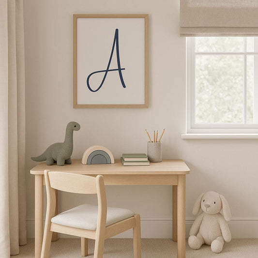 Letter A print in navy blue, oak frame above a child’s desk in a neutral nursery — minimal alphabet wall art by Home at Number Twenty Two.”