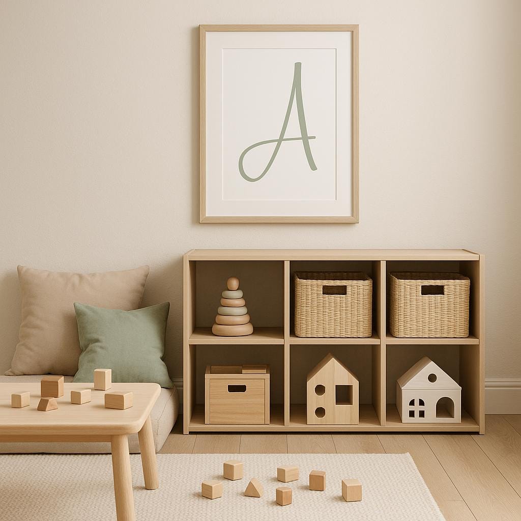Letter A print in sage green, oak frame over playroom storage — calm Scandinavian alphabet wall art by Home at Number Twenty Two