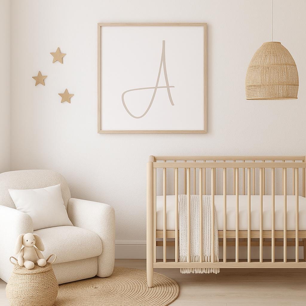Letter A wall art in soft taupe, oak frame above a cot in a neutral nursery — minimal printed alphabet art by Home at Number Twenty Two