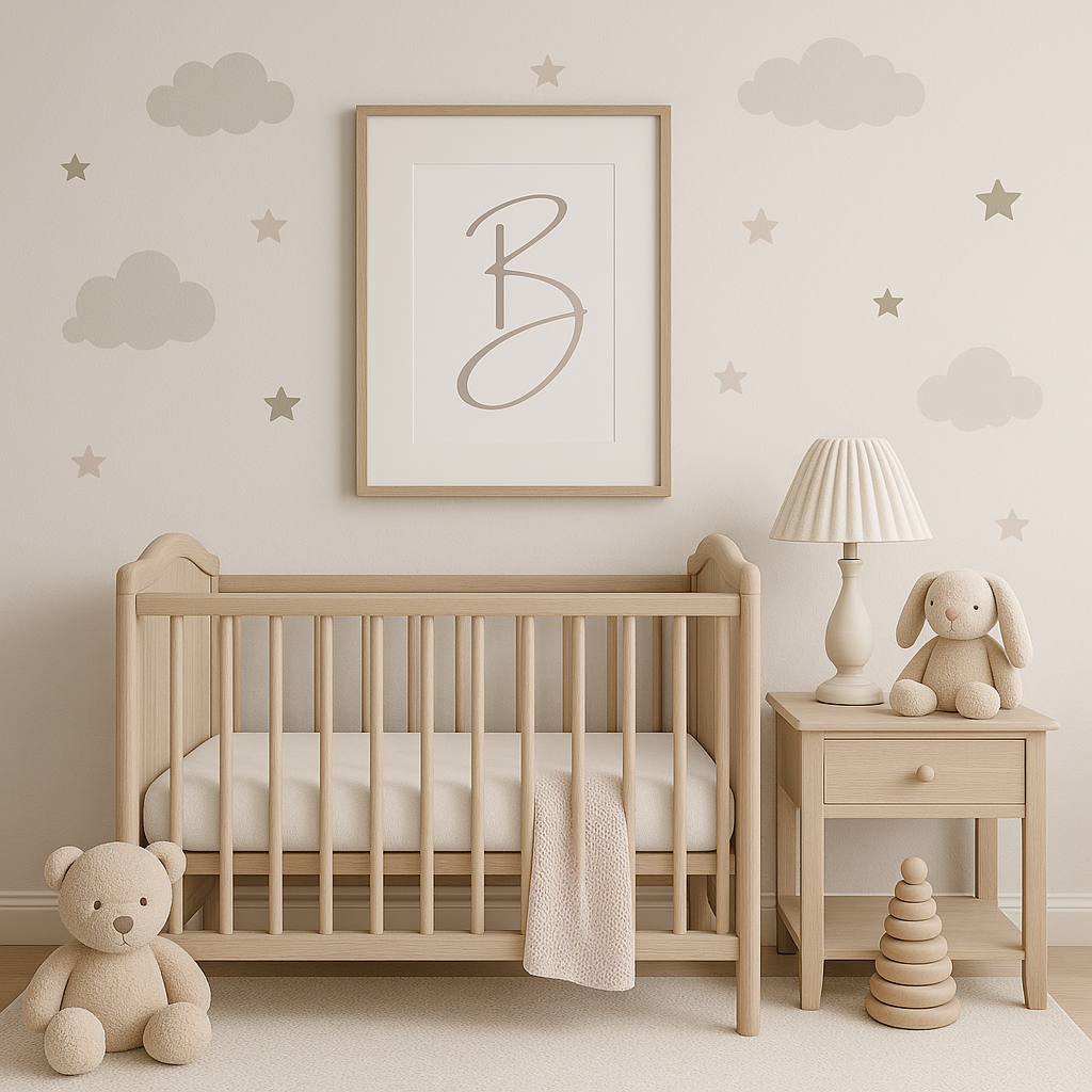 Letter B Print — Minimal Nursery Wall Art (Printed) — Navy, Sage, Taupe, Light Grey