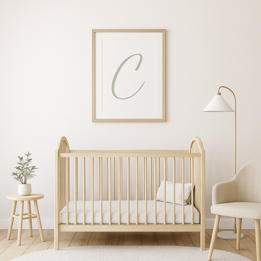 Letter C Print — Minimal Nursery Wall Art (Printed) — Navy, Sage, Taupe, Light Grey
