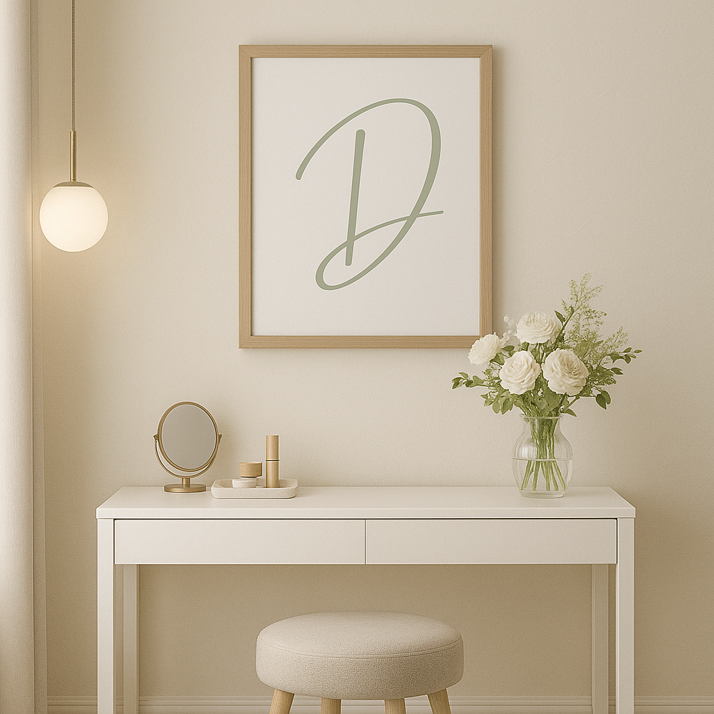 Letter D Print — Minimal Nursery Wall Art (Printed) — Navy, Sage, Taupe, Light Grey