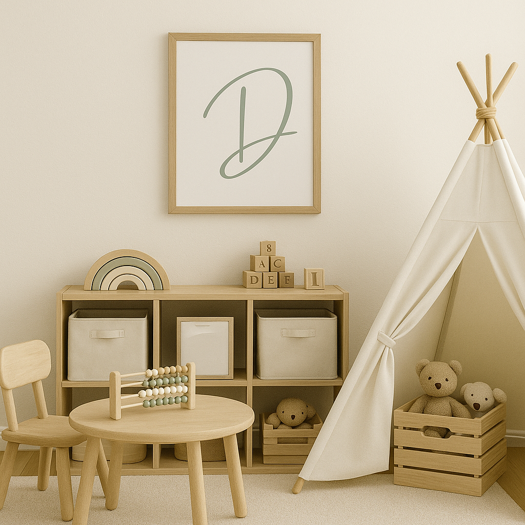 Letter D Print — Minimal Nursery Wall Art (Printed) — Navy, Sage, Taupe, Light Grey