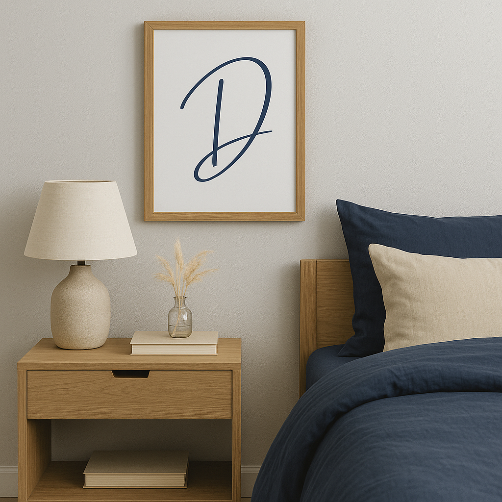 Letter D Print — Minimal Nursery Wall Art (Printed) — Navy, Sage, Taupe, Light Grey