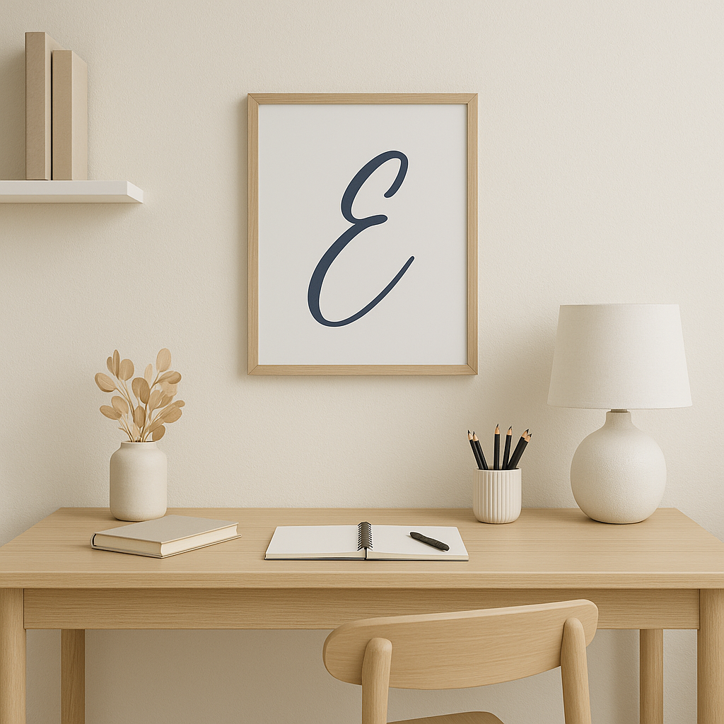 Letter E Print — Minimal Nursery Wall Art (Printed) — Navy, Sage, Taupe, Light Grey