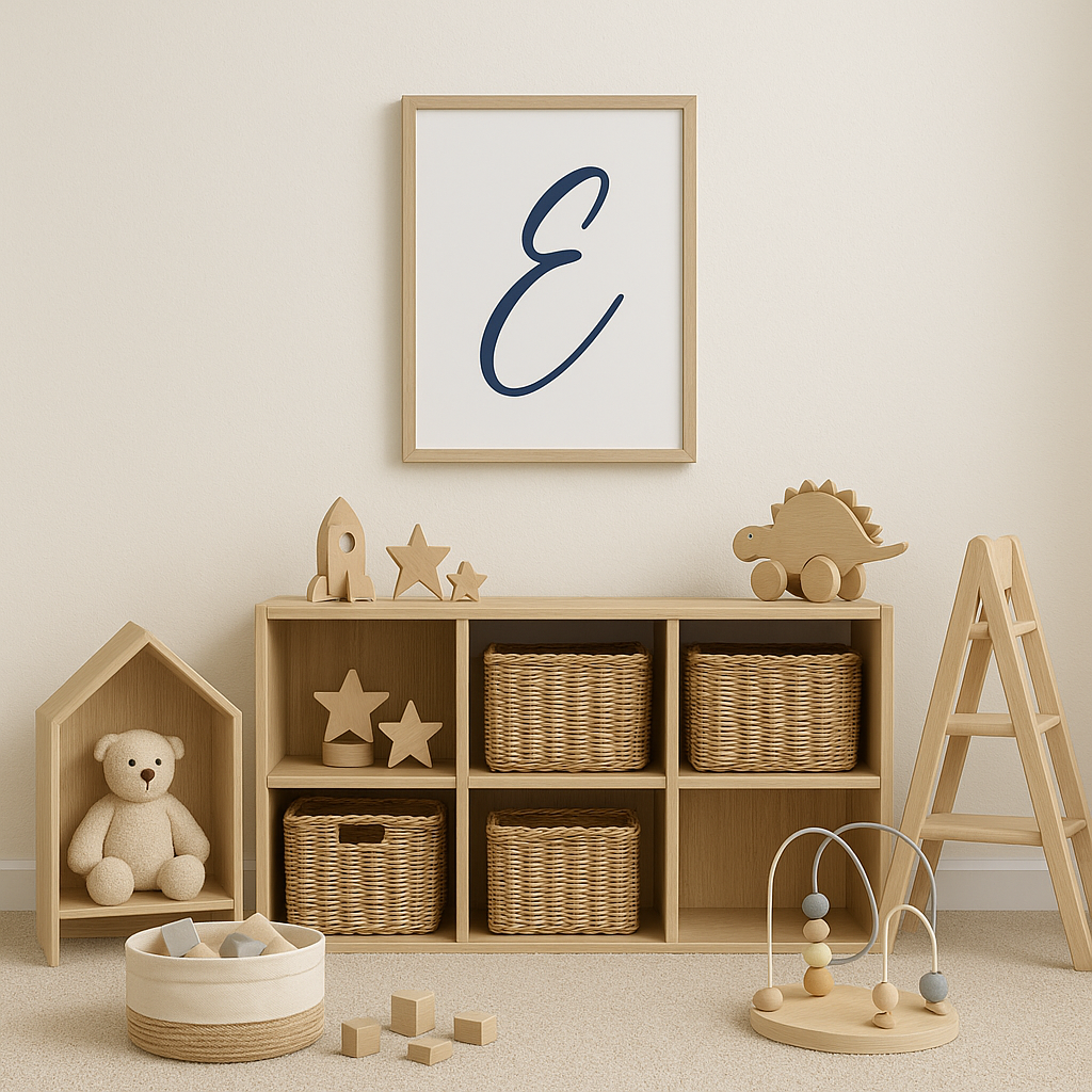 Letter E Print — Minimal Nursery Wall Art (Printed) — Navy, Sage, Taupe, Light Grey