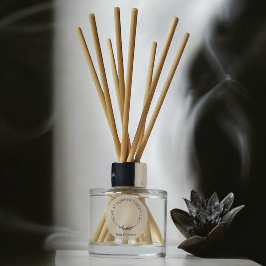 Nag Champa Reed Diffuser by Home at Number Twenty Two – a rich and calming home fragrance with warm sandalwood, earthy patchouli, and exotic floral notes, elegantly presented with natural reeds.