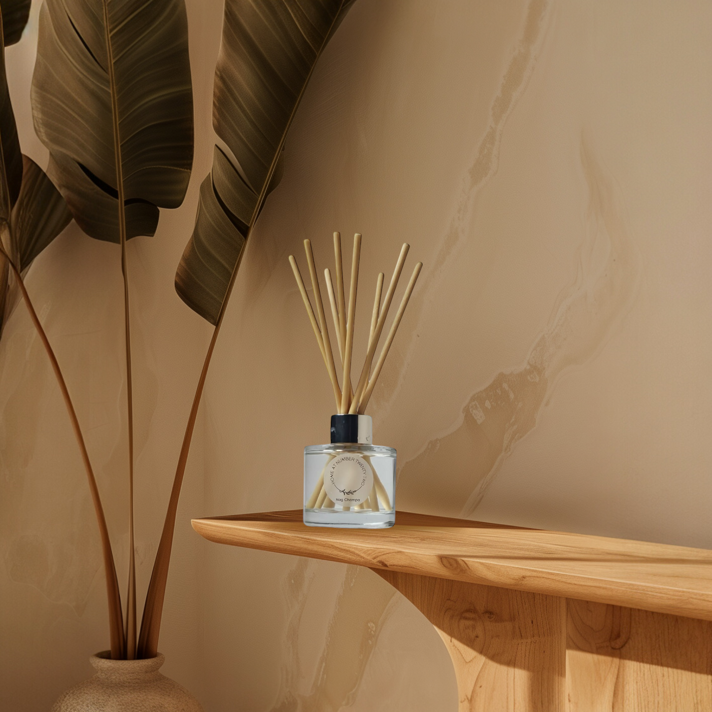 Nag Champa Reed Diffuser by Home at Number Twenty Two – a rich and calming home fragrance with warm sandalwood, earthy patchouli, and exotic floral notes, elegantly presented with natural reeds.