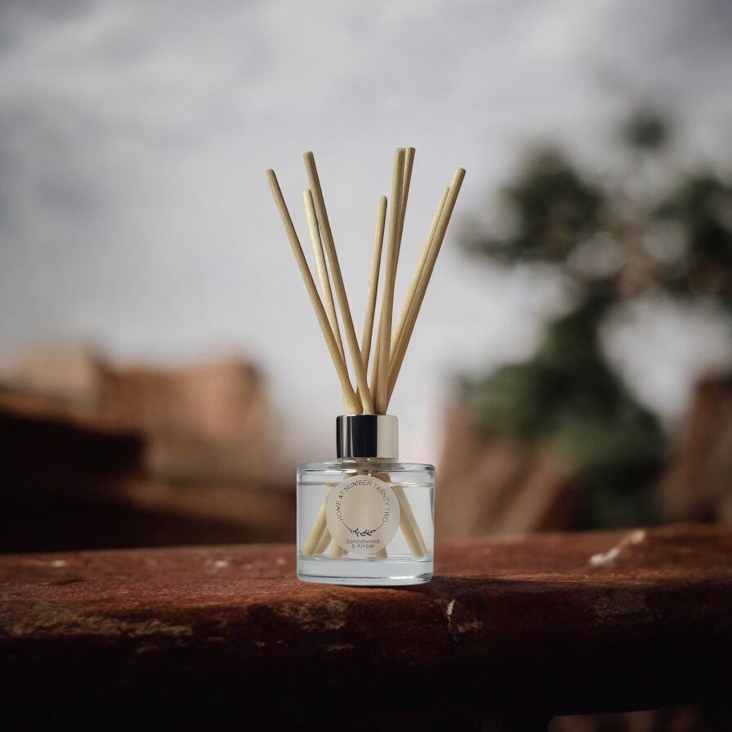 Sandalwood and Amber Reed Diffuser by Home at Number Twenty Two – a warm and luxurious home fragrance with rich sandalwood, golden amber, and subtle vanilla notes, elegantly presented with natural reeds.