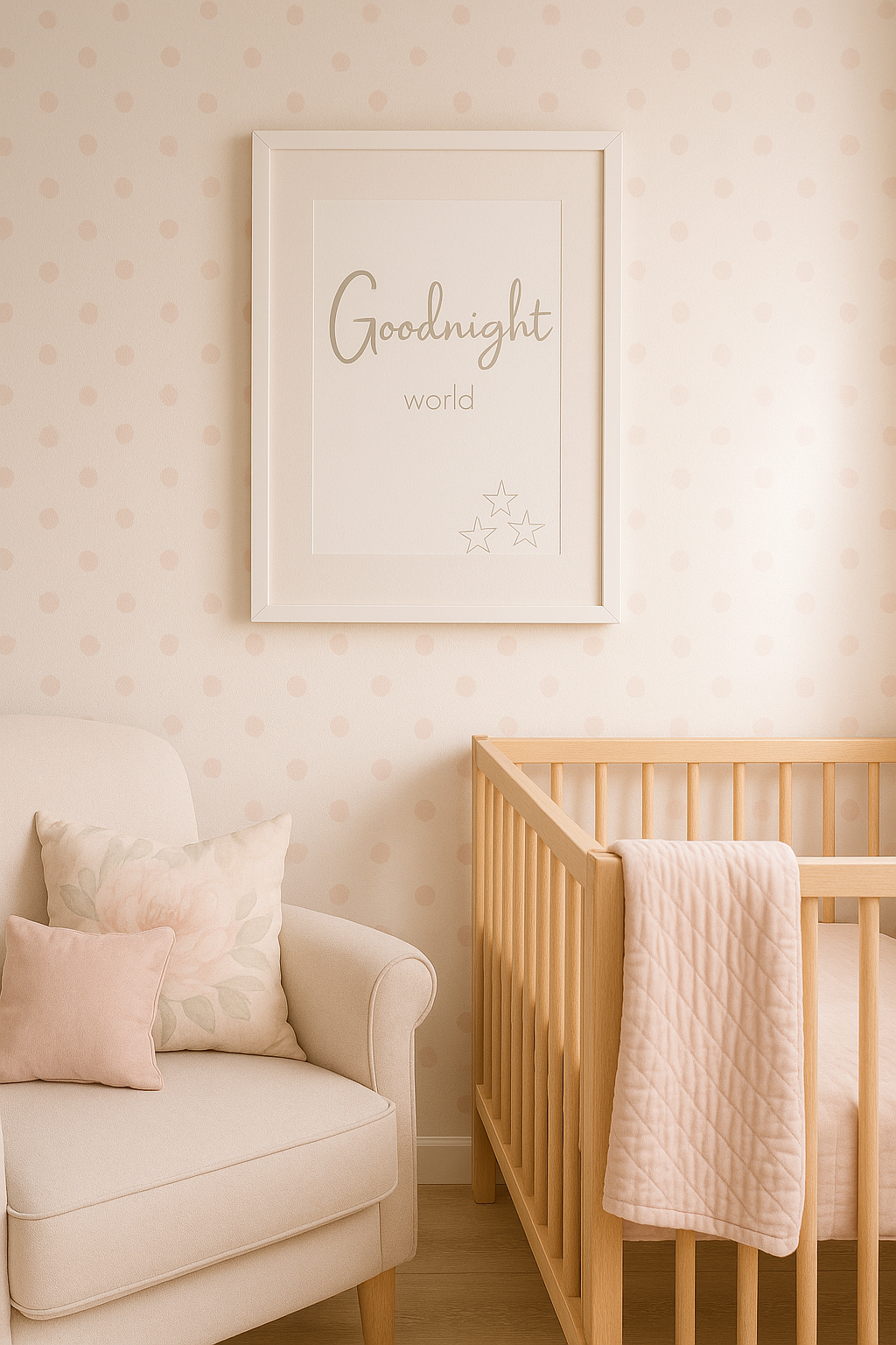Goodnight World nursery wall art in taupe, shown above a cot