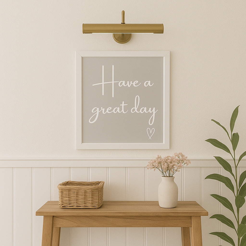 Have a Great Day wall art typography print in white calligraphy style font on a grey background and hand drawn style heart, shown in frame in a minimal interior setting