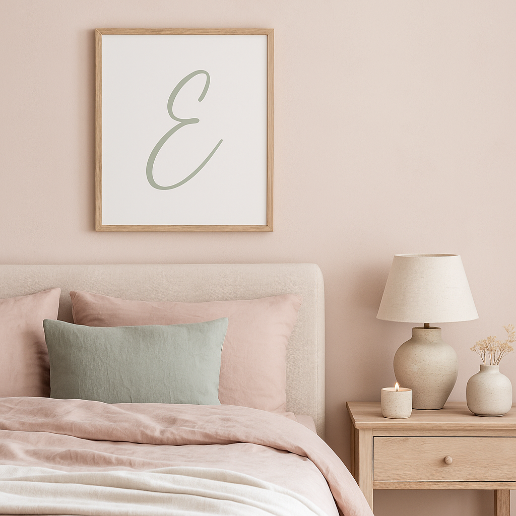 Letter E Print — Minimal Nursery Wall Art (Printed) — Navy, Sage, Taupe, Light Grey