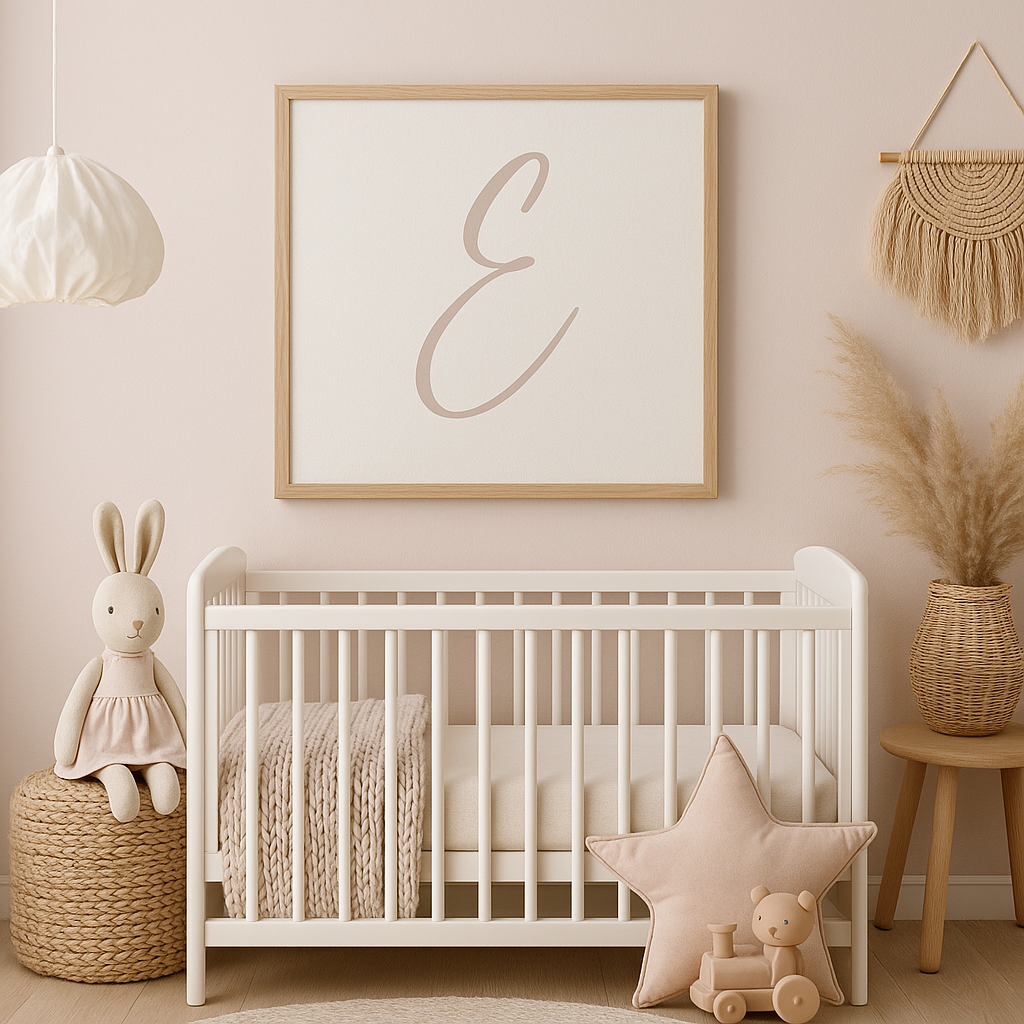 Letter E Print — Minimal Nursery Wall Art (Printed) — Navy, Sage, Taupe, Light Grey