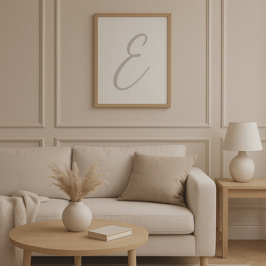 Letter E Print — Minimal Nursery Wall Art (Printed) — Navy, Sage, Taupe, Light Grey