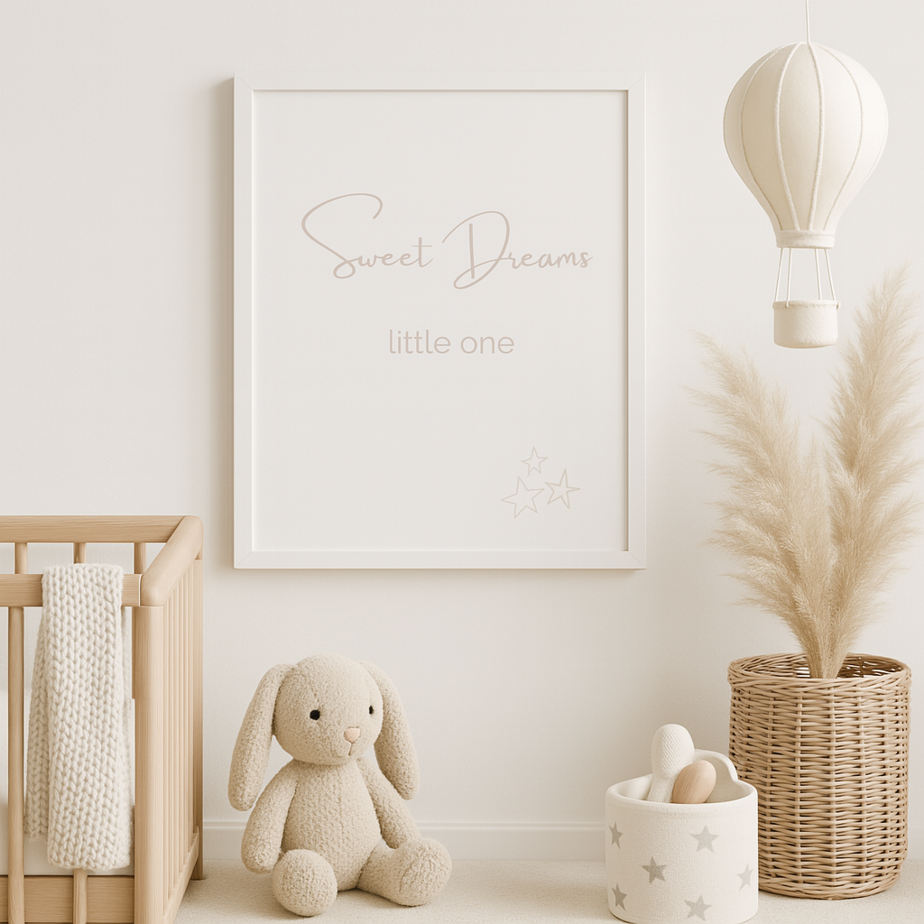 Sweet Dreams Little One Nursery Wall Art in Taupe, shown in nursery