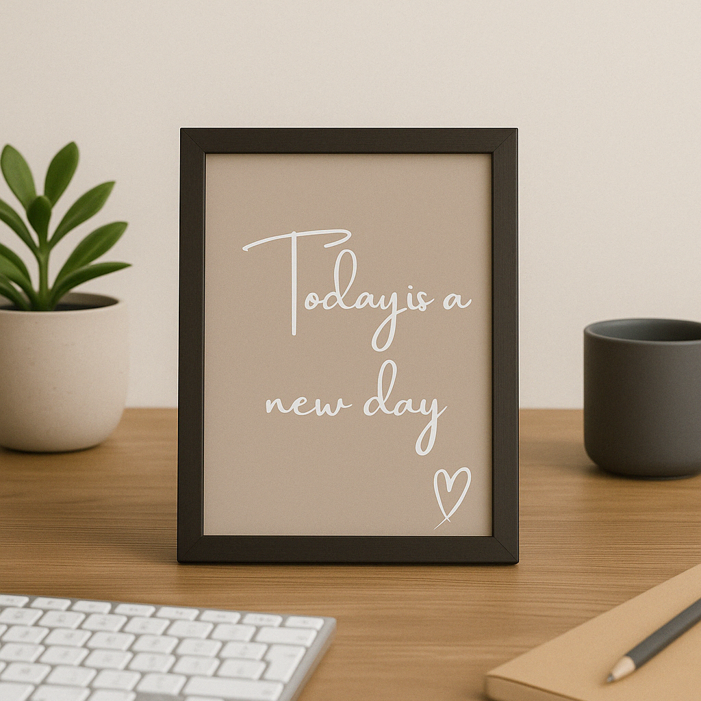 Framed print with 'Today is a new day' text on a desk with a plant, mug, and keyboard.