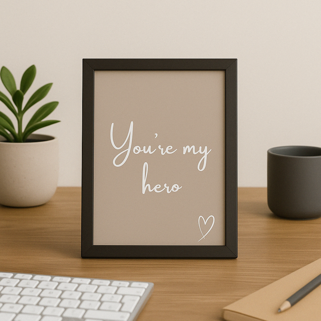 Framed print with 'You're my hero' text on a desk with a plant and mug.