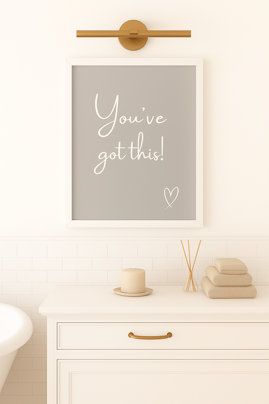 Framed print with 'You've got this!' text on a wall above a white dresser.