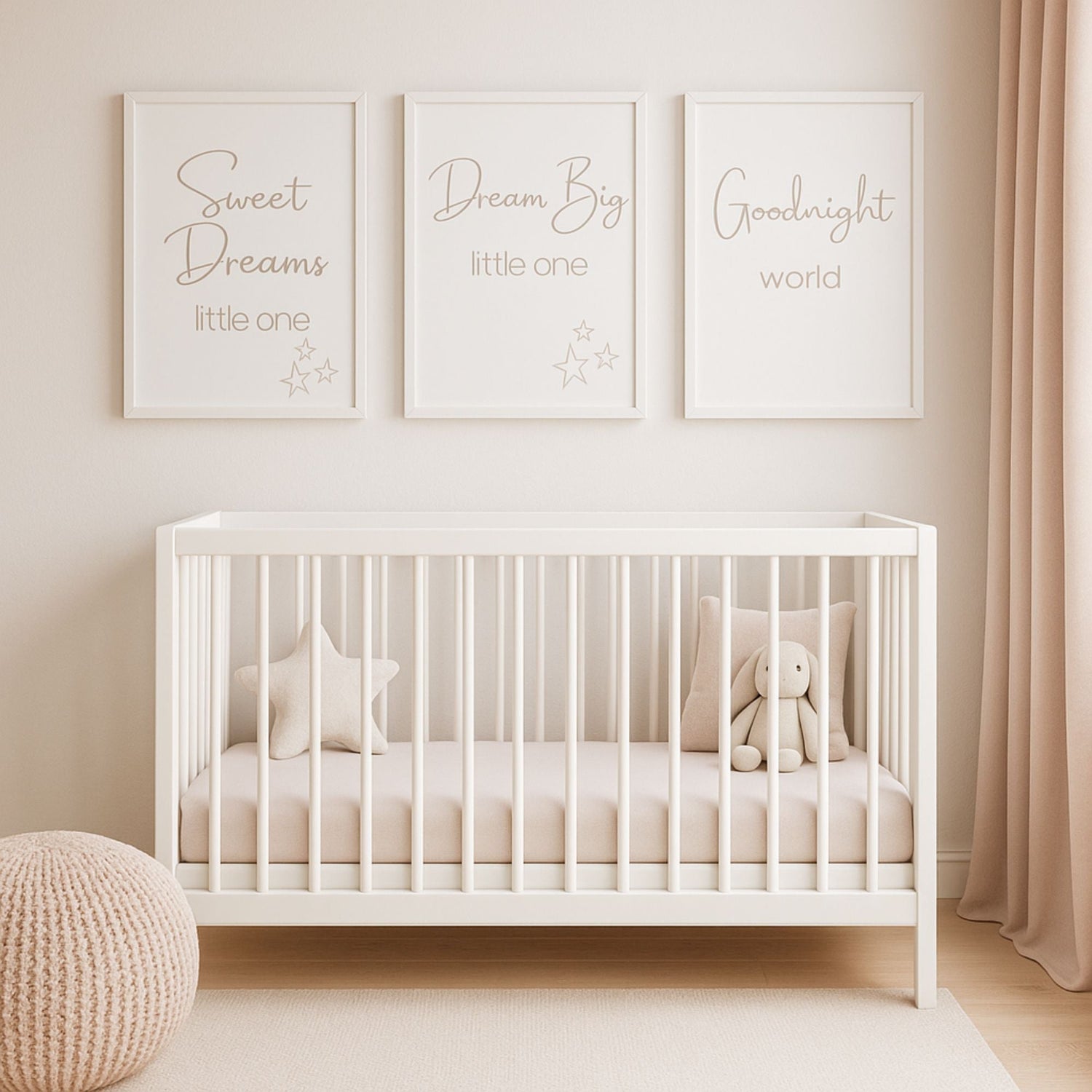 Nursery Wall Art in Taupe, quotes Sweet Dreams Little One, Dream Big Little One and Goodnight World above a cot