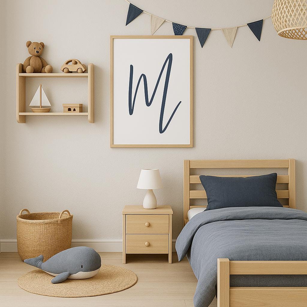 Letter M Printable Wall Art – Neutral Taupe, Sage Green, Navy & Grey | Digital Alphabet Print for Nursery, Playroom or Home Decor - 3 Sizes
