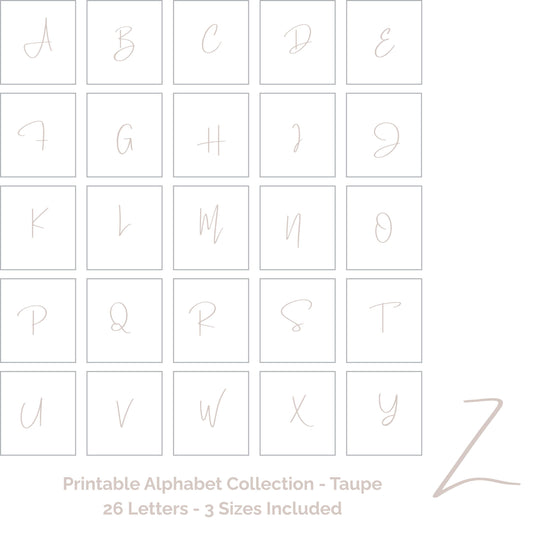 Full Alphabet Printable Wall Art – Taupe A–Z Letters in A4, A3 & 8x10 | Digital Download | Nursery, Playroom and Kids Room Decor