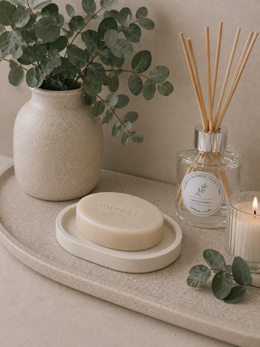 Minimalist handmade Jesmonite soap dish styled with soap and neutral bathroom accessories