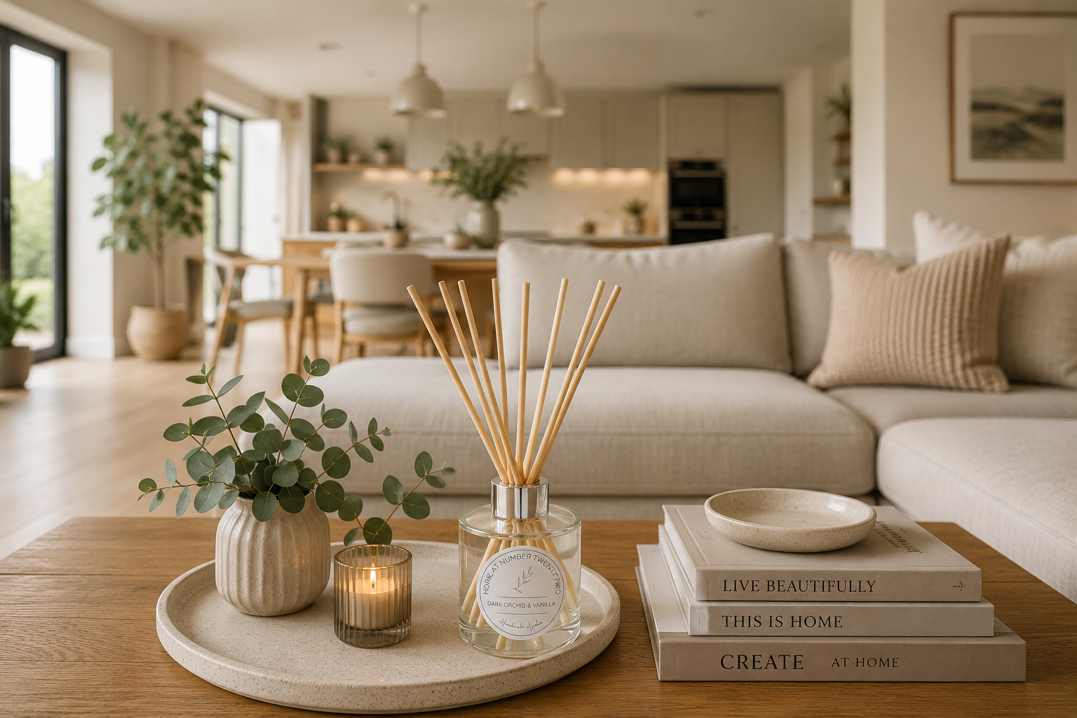 Dark Orchid & Vanilla Reed Diffuser displayed on a coffee table with home accessories, creating a warm and sophisticated atmosphere.
