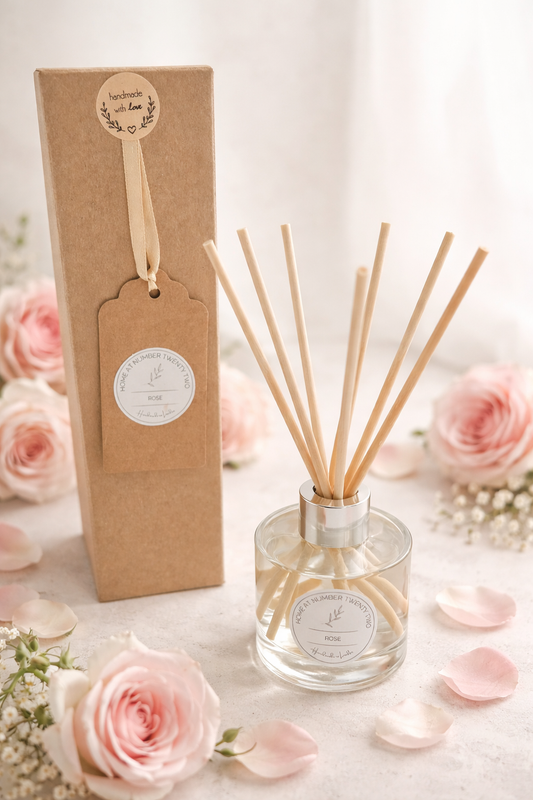 Handmade Rose Reed Diffuser with kraft gift box, luxury floral home fragrance handcrafted in London with elegant fresh rose notes.