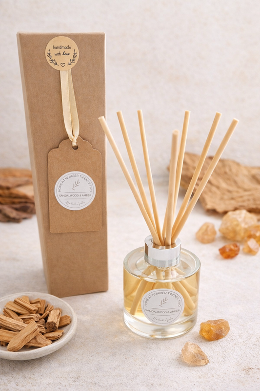 Handmade Sandalwood & Amber Reed Diffuser with kraft gift box, luxury home fragrance handcrafted in London with warm woody sandalwood and rich amber notes.