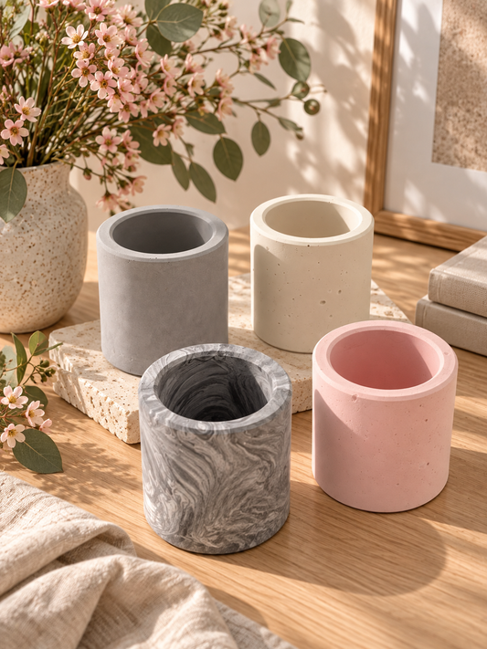 Handmade Jesmonite pen pot collection in cream, pink, grey and grey marble, styled with flowers on a Scandi-style wooden table