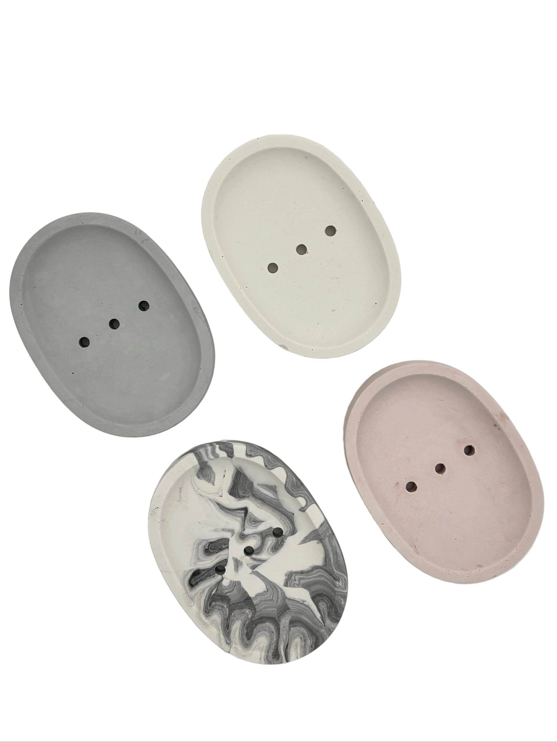 Jesmonite Soap Dishes shown in Grey, Cream, Marble and Pale Pink
