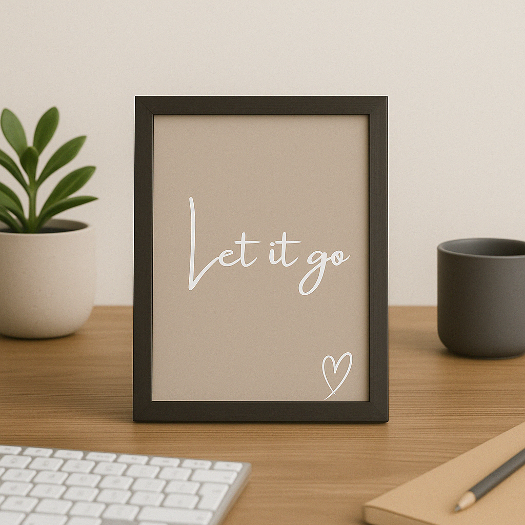 Let It Go Calm Typography Wall Art in Taupe, with white calligraphy style writing and white hand-drawn style heart, styled in a calm home office