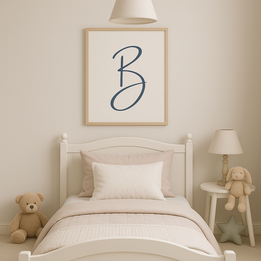 Letter B Print — Minimal Nursery Wall Art (Printed) — Navy, Sage, Taupe, Light Grey