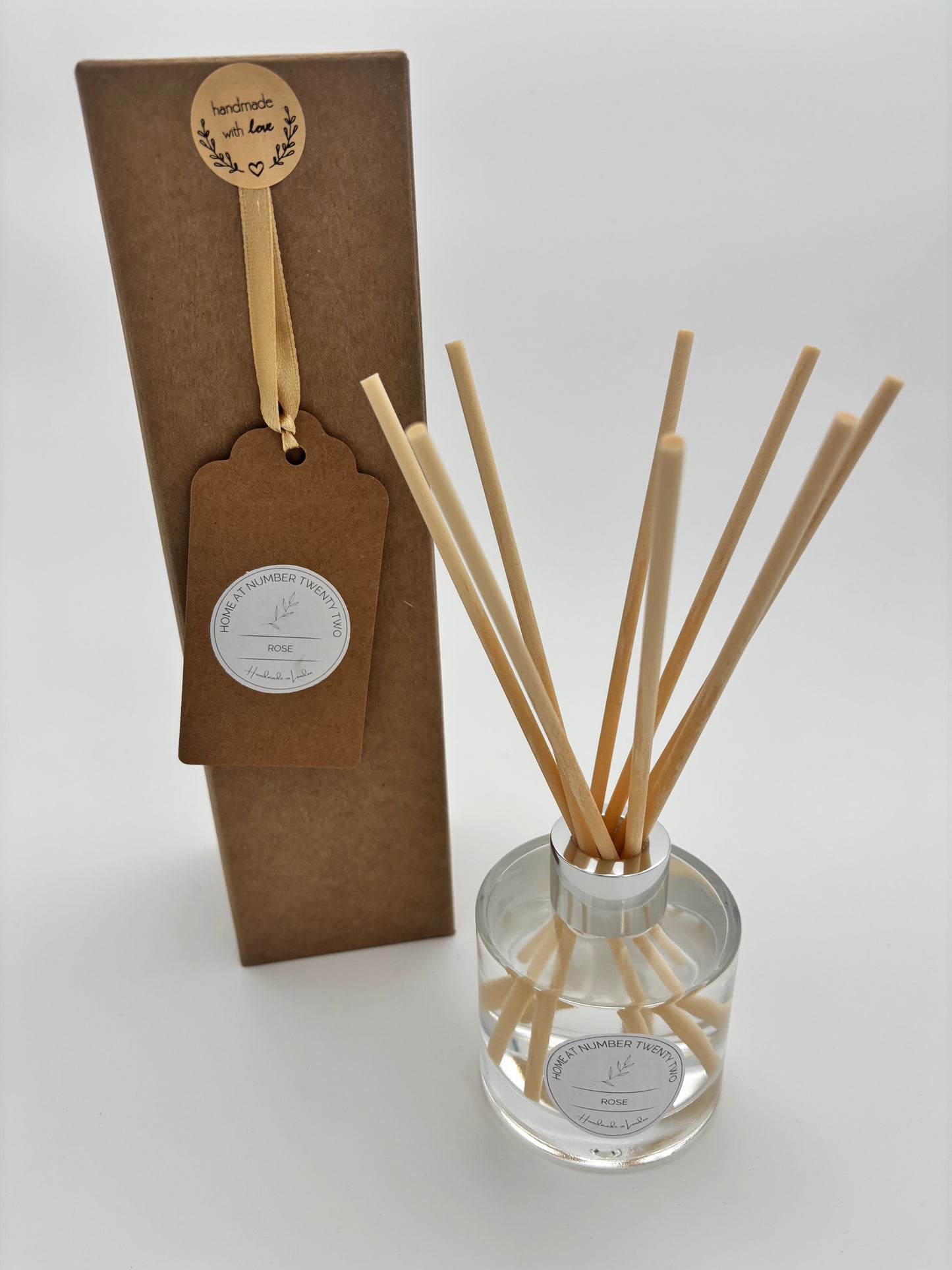 Rose Reed Diffuser with natural coloured reeds and Kraft Gift Box 