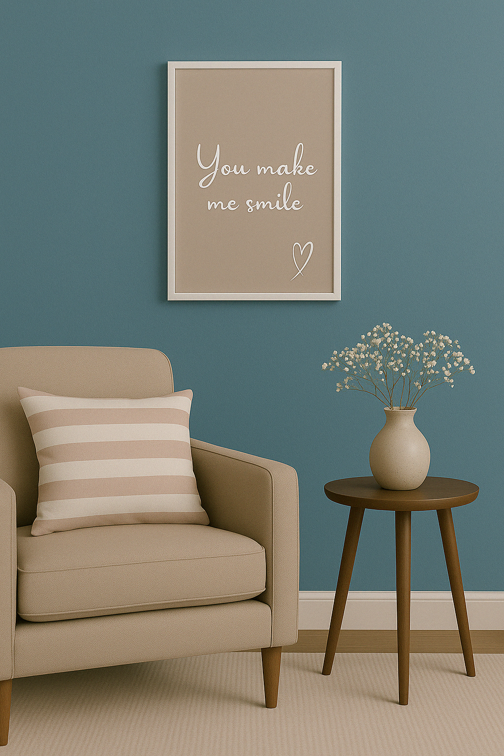 Beige armchair with striped pillow, wooden side table with vase, and framed quote 'you make me smile'' on teal wall.