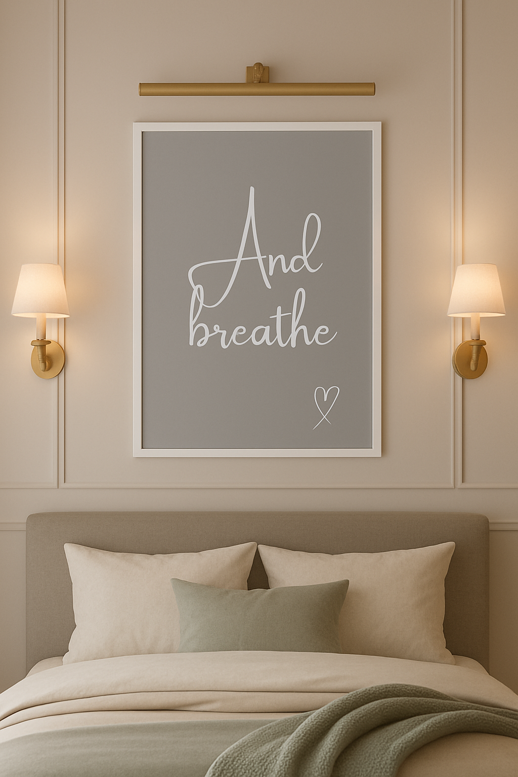 And Breathe Calm Wall Art light grey background and white calligraphy style font with hand-drawn style heart, set in a neutral, styled bedroom