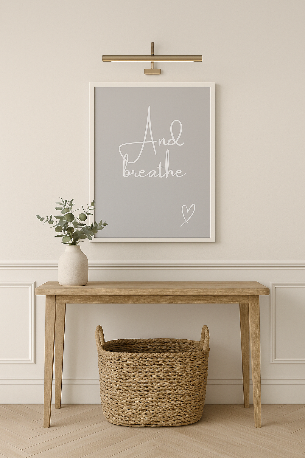 And Breathe Calm Wall Art light grey background and white calligraphy style font with hand-drawn style heart, set in a neutral, styled hallyway