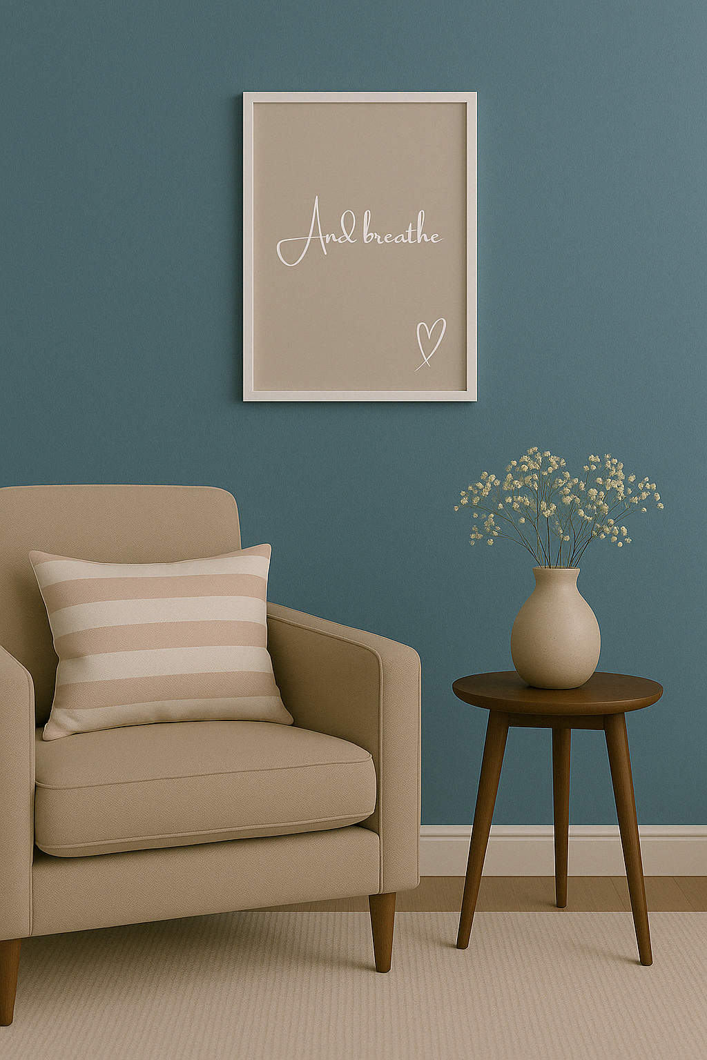 And Breathe Calm Wall Art with a taupe background and white calligraphy style font with hand-drawn style heart, set in a neutral, styled living room