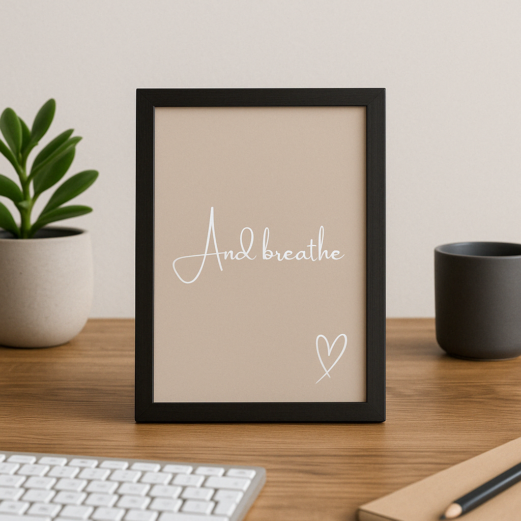 And Breathe Calm Wall Art with a taupe background and white calligraphy style font with hand-drawn style heart, set in a neutral, styled lhome office