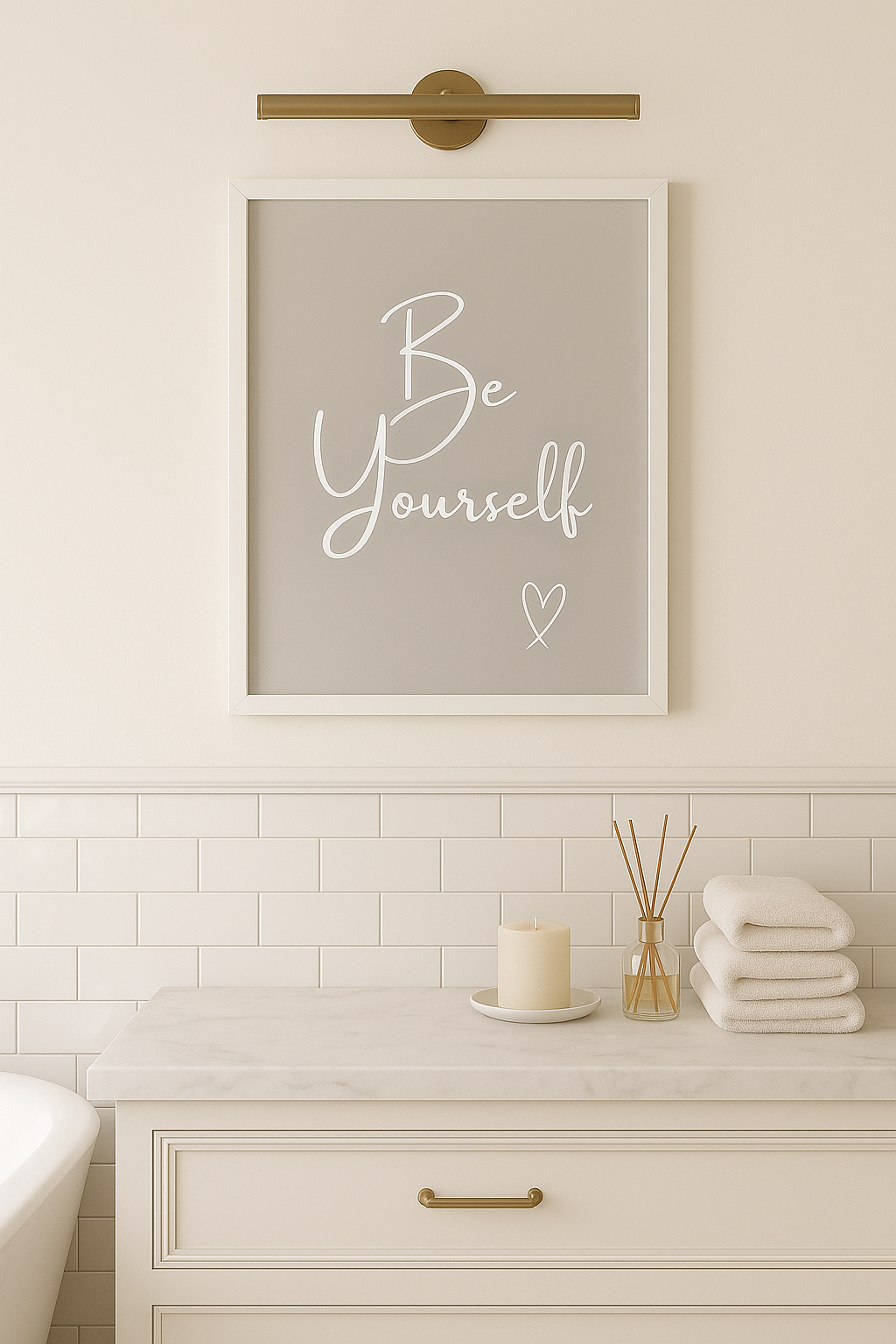 Be Yourself Calm Typography Wall Art in Grey, with white calligraphy style writing and a hand-drawn style heart, styled in a calm bathroom setting