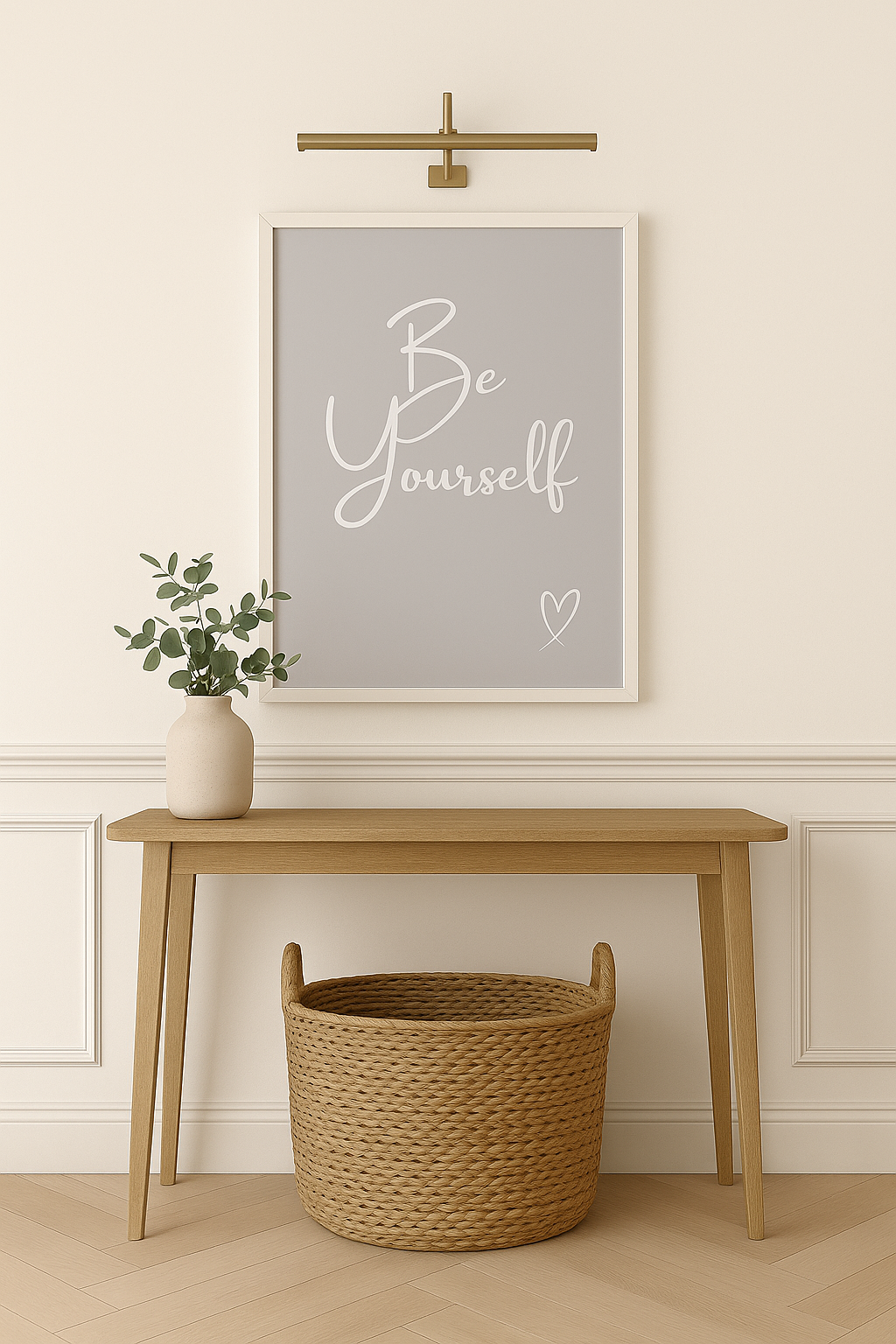 Be Yourself Calm Typography Wall Art in Grey, with white calligraphy style writing and a hand-drawn style heart, styled in a calm hallway setting