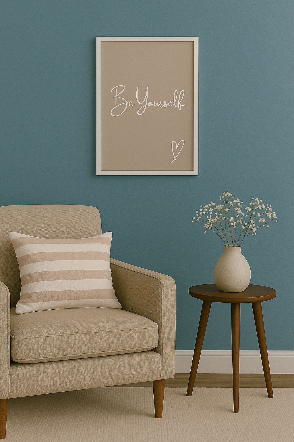Be Yourself Calm Typography Wall Art in Taupe, with white calligraphy style writing and a hand-drawn style heart, styled in a calm living room setting