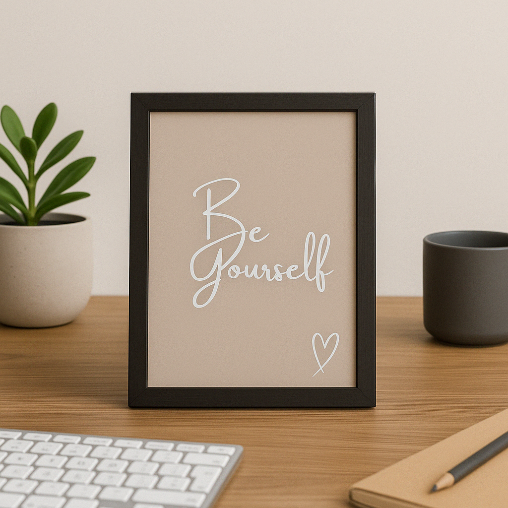 Be Yourself Calm Typography Wall Art in Taupe, with white calligraphy style writing and a hand-drawn style heart, styled in a calm home office setting