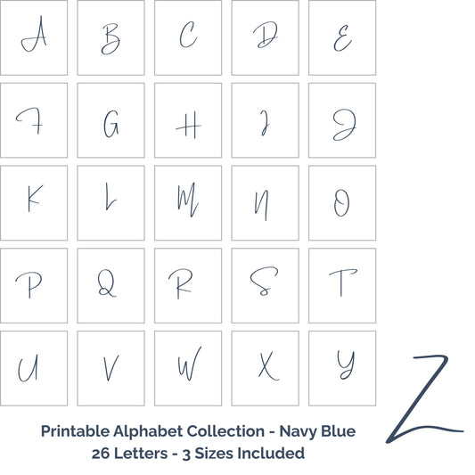 Full Alphabet Printable Wall Art – Navy Blue A–Z Letters in A4, A3 & 8x10 | Digital Download | Nursery, Playroom and Kids Room Decor
