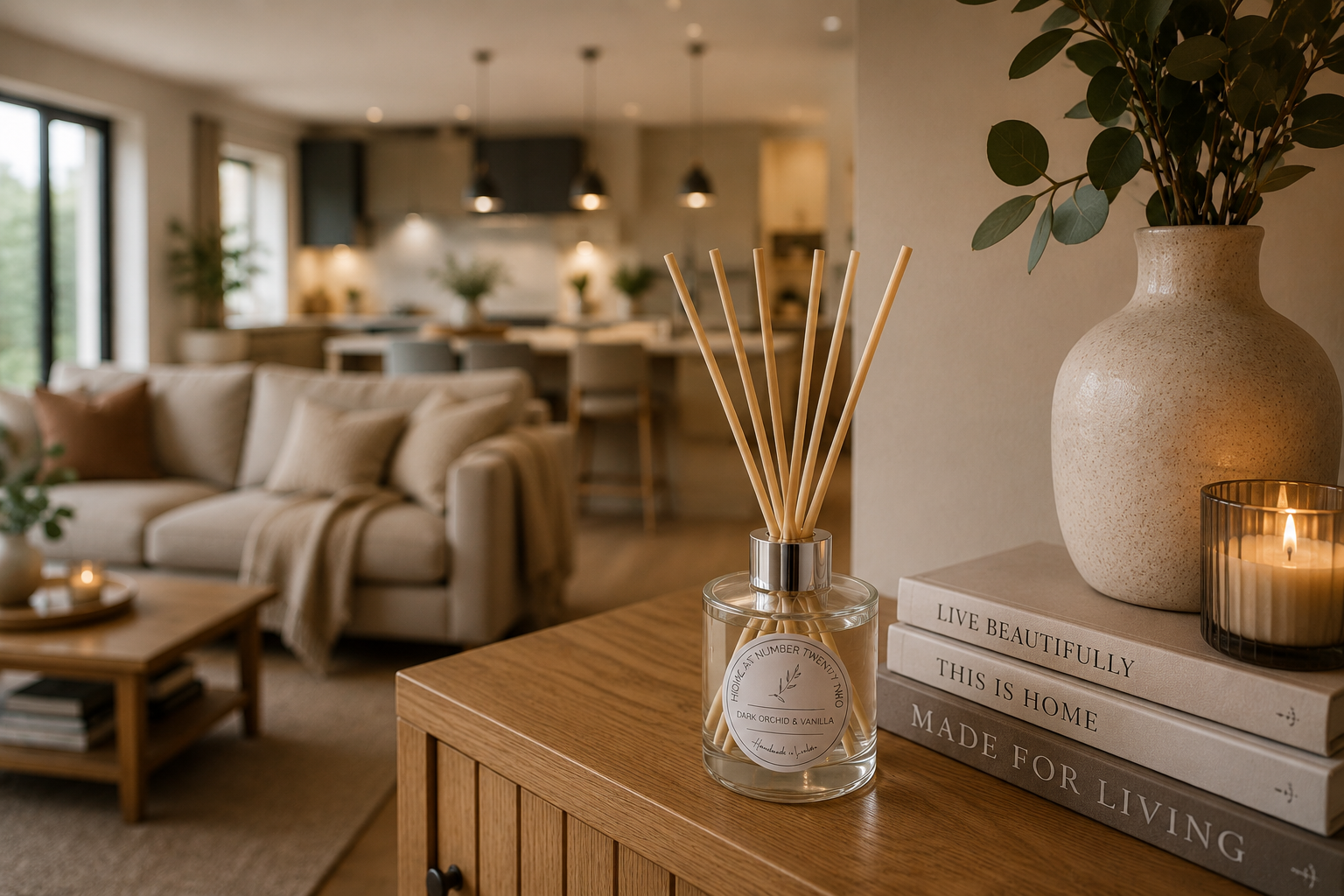 Luxury Dark Orchid & Vanilla Reed Diffuser displayed in a modern living room, adding rich floral fragrance and timeless style.
