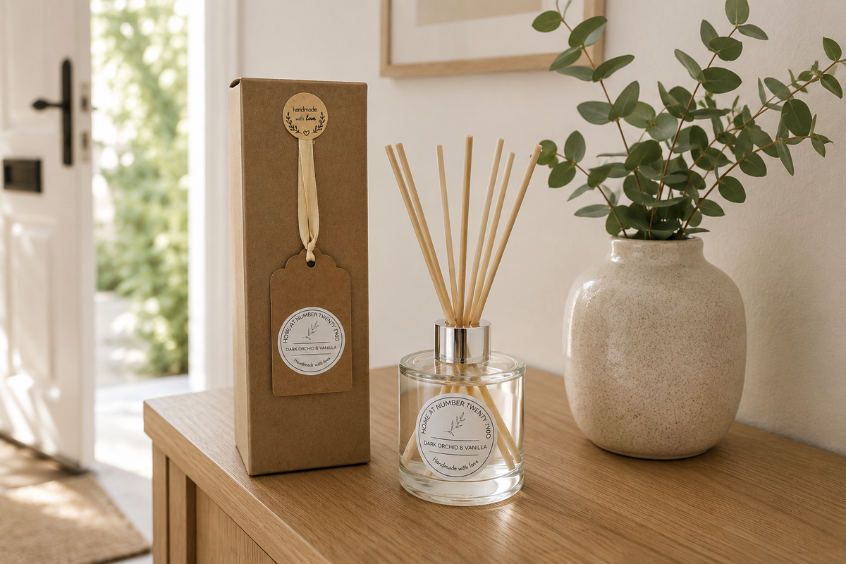 Dark Orchid & Vanilla Reed Diffuser styled on a Scandi hallway console table, creating a warm and elegant welcome for your home.