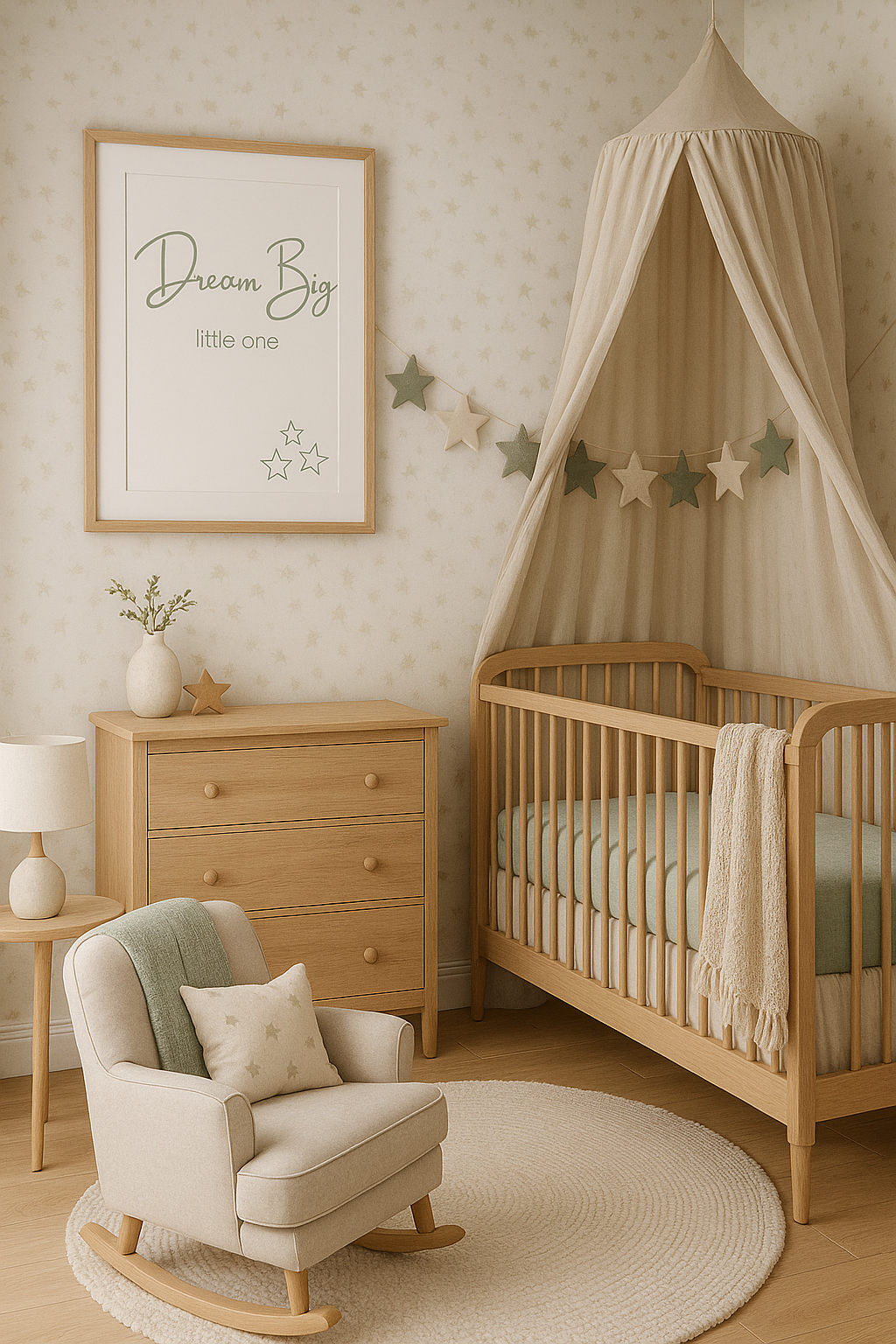 Dream Big Little One Nursery Wall Art in Sage Green, shown in childrens nursery