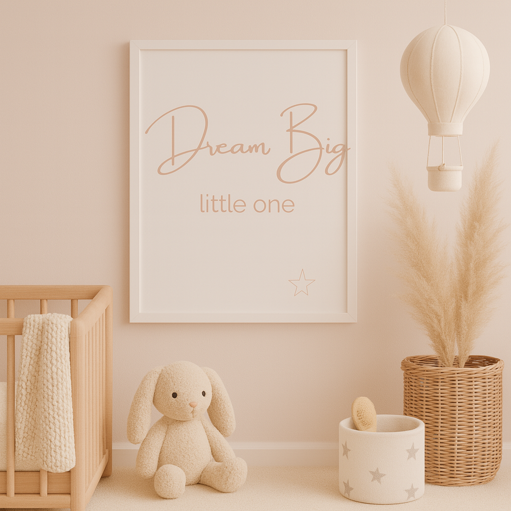 Dream Big Little One Nursery Wall Art in Pink, shown with Hot air balloon, cot and blanket and Toy Bunny