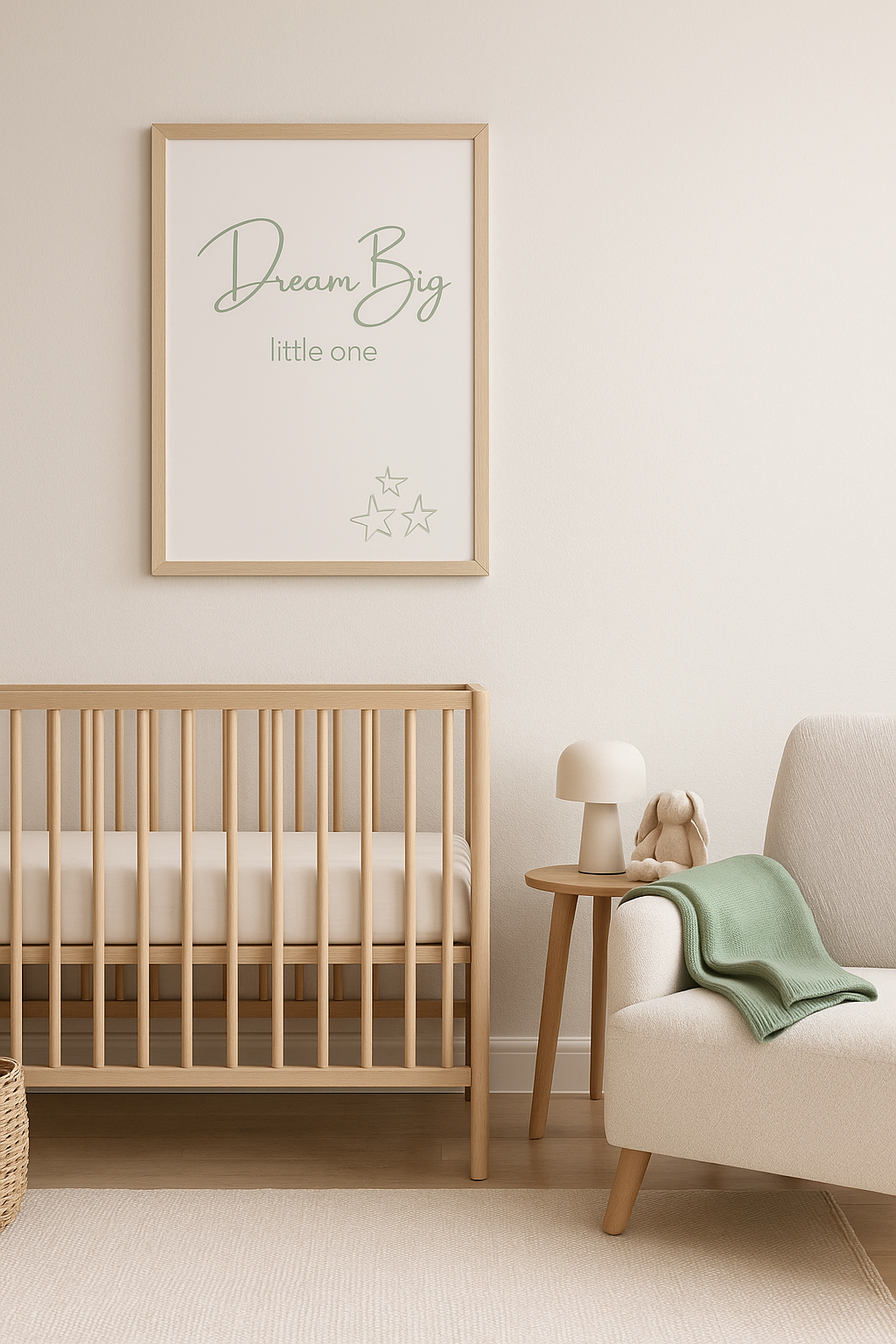 Dream Big Little One Wall Art in Sage Green with handdrawn stars
